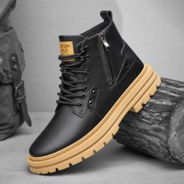 Boots Hot Stylish Men's Ankle Boots Genuine Leather Casual Motorcycle Boots Men Outdoor Luxury Basic Boots High Top Man Elevator Shoes