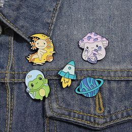 Cartoon Cute Space Frog Rocket Brooch Enamel Pin Funny Mushroom Salamander Brooches Lapel Backpack Badge Jewellery Accessory Gift