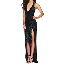 Casual Dresses Weddings As A Guest Formal Sleeveless Halter Neck Side High Slit Sexy Long Dress Deep V Backless Sequined Maxi