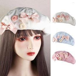 Berets Solid Color Bow Flower Beret Sweet Y2k College Style Octagonal Cap Japanese Pumpkin Painter Hat Autumn