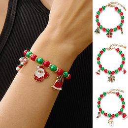 Strand Fashion Red Green Beaded Christmas Bracelet Santa Claus Xmas Tree Crutch Bell Pendant Bracelets For Wome Year Party Gifts