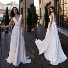 simple bohemian country wedding dresses v neckline satin bridal gowns backless a line beach wedding gowns