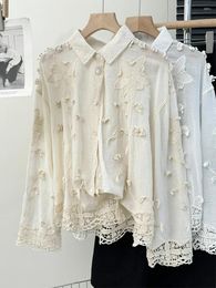 Women's Blouses Turn Down Collar Embroidery Stereo Flower Shirts Single-breasted Sweet Lace Patchwork Vintage Blusas Mujer De Moda 2024