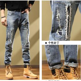 Men's Jeans Fashion 2024 Ripped Hole Denim Man's Pants Man Spring Autumn Slim Fit Patchy Men'sTrousers High Street Blue Beggar