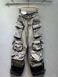 Women's Jeans Streetwear Style Women Gradient Grey Loose Multiple Pockets Denim Cargo Pants Autumn Fashion Trousers X543