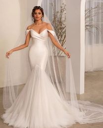 Raso Patchwork Tulle Stain Abito da sposa a sirena scollo a V al largo della spalla Abiti da sposa eleganti Abiti da sposa 2024