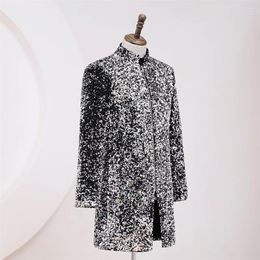 Men's Suits Shiny Silver Sequin Glitter Embellished Long Suit Jacket Men Brand Stand Collar Zipper Party Prom Stage Costumes For Singers