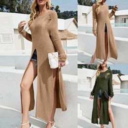 Casual Dresses Spring Autumn Women Sexy Dress Fashion Hole Design Long Knitting Sleeve Soft Warm Split V Neck Loose For