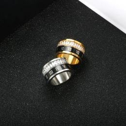 Rotatif Black Roman Numerals CZ Crystal Rings Fashion Men 14k Yellow Gold Rough Style Ring Women Couple Party Wedding Jewelry