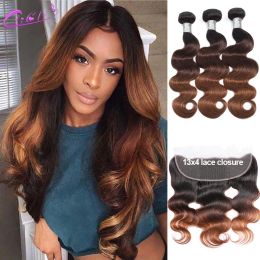 Closure Blonde Body Wave Bundles With Frontal Closure T1B 4 30 Ombre Brown Raw Indian Human Hair Weave Bundles With 13x4 Lace Front Remy