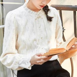 Women's Blouses QOERLIN Lantern Sleeve Ruffles Collar Solid Tops Shirts Long Single-Breasted Loose Casual Korean Sweet Gentle Lace Blouse
