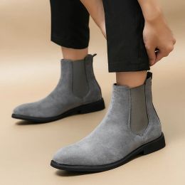 Grey Suede Luxury Chelsea Boots Men's Leather Boots Elastic Band Slip-on Boots Business Ankle Boots Ameican Style Short Boots