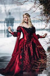 Gothic Burgundy Wedding Dresses Long Juliet Sleeves Black Lace Applique Sequins Ruffles Deep Off Shoulder Wedding Gown Custom Made Plus Size