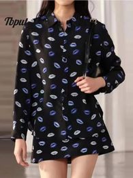 Fashion Printed Short Skirt 2 Piece Set Ladies Casual Lapel Long Sleeve Single Breasted Shirt Skirts Elegant Outfits 240315