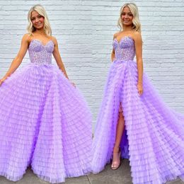 Lavender a line prom dress puffy tiered skirt sweetheart formal evening dresses elegant thigh split dresses for special occasions tulle robe de soiree