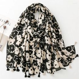 Scarves European And American Cotton Linen Feel Scarf Fashionable Black Flower Tassel Autumn Winter Thick Shawl For Women