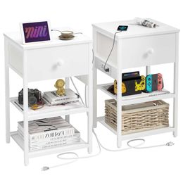 LTTDOUK 2-piece Set Charging Station, Bedside Fabric Wood 2-in-1 Drawer, Small Space Coffee Table, White Side Table with USB Port, Sockets in Bedroom and Living