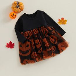 Girl Dresses Toddler Baby Girls Halloween Tulle Dress Long Sleeve Pumpkin Spider Web Princess Party Striped Skirts Clothes