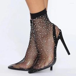 Dress Shoes Bling Crystal Mesh High Heels Ankle Boots Patchwork Pointy Toe Black Stretch Slip On Women Banquet