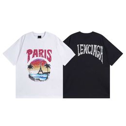 Paris High Edition 2024 New B Home Hawaii Sunset Coconut Tower Bat Pattern Short Sleeved T-shirt