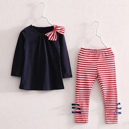 Clothing Sets 2024 Spring Autumn Children's Sportswear Girls' Set Bow Tie Decal Top Striped Pants 3-7Y
