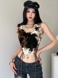 Women's Tanks American Vintage Vest Fluffy Patchwork Contrast Colour Bandage Camis Female Slim Design Streetwear Y2k Clothing