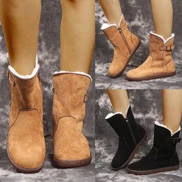 Boots 2022 New Women Big Size Winter Snow Boots with Fur Keep Warm Woman Boot Flat Zipper Brown Suede Plush Fashion Boot Mid Calf Boot