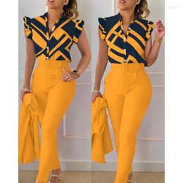 Women's Two Piece Pants 2024 Spring Summer Casual Women Sets Print Flounce Sleeve V-Neck Tops Belt Long Office Lady Suit Set