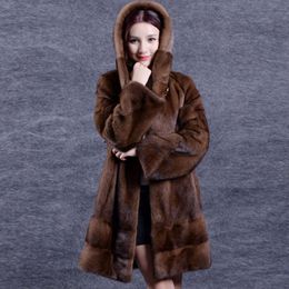 Haining Whole Mink Fur Coat Long Hooded Fashionable and Warm Windbreaker Casual Loose Fitting Moms Outfit