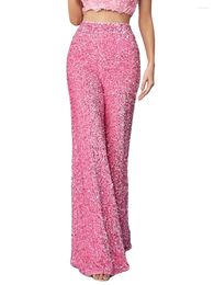 Women's Pants Women Casual Sequin Sparkle Glitter High Waist Pencil Elastic Flare Leg Disco Trousers Clubwear