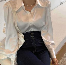 Blouses Shirts Loose Silk Satin Tops Up Sleeve Office Solid Women White Mujeri7h1.