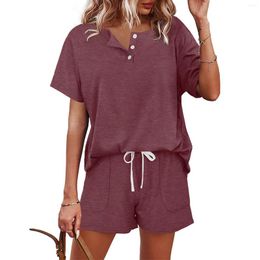 Women's T Shirts Summer 2 Pieces Outfits For Women Short Sleeved Button Down Top And Drawstring Shorts Sweatsuits With Pockets Ladies