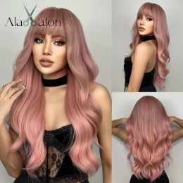Wigs ALAN EATON Synthetic Pink Wigs for Women Long Natural Wavy Wigs with Straight Bangs Cosplay Party Halloween Hair Heat Resistant