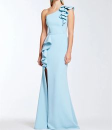 Elegant Long Light Blue Crepe Evening Dresses With Ruffles Mermaid One Shoulder Sweep Train Zipper Back Prom Dresses for Women