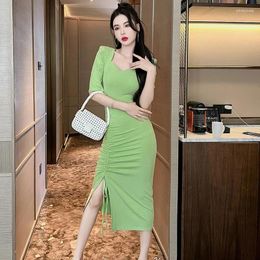 Party Dresses Summer Knitting Women Elegant Casual Slim Short Sleeve Wrap Midi Dress Ladies Vestidos Drawstring Corset