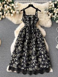 Casual Dresses Summer Runway Flower Embroidery Jacquard Dress Women's Spaghetti Strap Backless With Belt Lace Trims Evening Party Vestidos