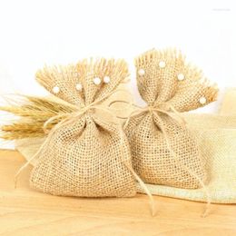 Gift Wrap 20pcs Burlap Jute Candy Bag With Artificial Beads Packaging Supplies Rustic Wedding Decoration Centerpieces