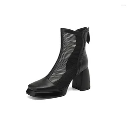 Dress Shoes Design Women Boots Sandals Hollow Breathable Square Toe Rough Heels Zapatos Para Mujer Side Zipper Sexy Luxury