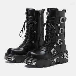 Boots 2024 Retro Authentic Leather British Style High Leg Street S Metal Motorcycle Punk Workwear Rock Platform Women's