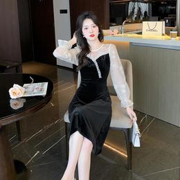 Casual Dresses Women's Dress 2024 Office Lady French Style Three Quarter Sleeve Patchwork Solid Lace O-Neck Mesh