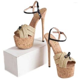 Dress Shoes Weave Sandals High Heels 16 Cm Thin Heel Ankle Strap Peep Toe Italy Style Womens Cork Platform Female PUMP