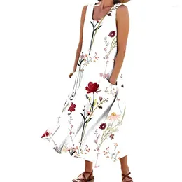 Casual Dresses Douhoow Women Cotton Linen Tank Long Dress Summer Clothes Boho Sleeveless Floral Print A-Line For Holiday With Poket