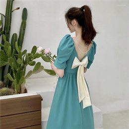 Party Dresses Bow Knot Pearl Cross Strap Backless Dress Women's Summer Square Neck Puff Sleeves Temperament Gentle Wind Long
