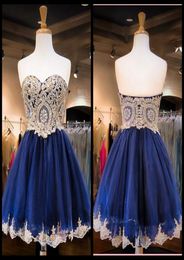 2020 New Arrival Sweetheart Neck Gold Lace Homecoming Dress Mini Short Navy Blue Prom Dress Short Sweet 16 Dresses7431636