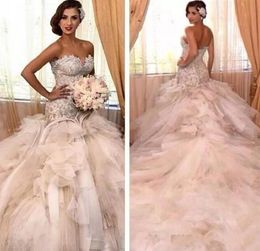 2020 Luxury Diamonds Mermaid Wedding Dresses robe de mariage Pearls Lace Corset Top Tiered Ruffls Tulle Arabic Bridal Gowns Cathed9991963