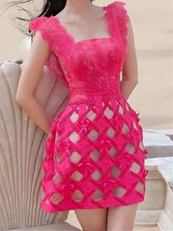 Casual Dresses Summer Solid Pink Sundress Women Boho Beach Embroidery Runway 2024 Lace Sexy Dress Backless Sleeveless Party Square Collar