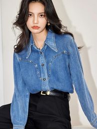 Women's Blouses Spring Autumn Versatile Loose Fitting Long Sleeved Denim Shirt Jacket Women Vintage Elegant Rivet Blue Button Blouse Tops