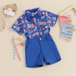 Kleidungssets Kleinkind Junge 4. Juli Outfits Baby Revers Hals Kurzarm Flaggendruck Fliege Hemden Shorts Set Sommer