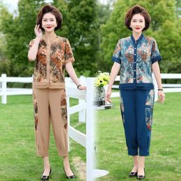 Women's Two Piece Pants Middle-aged Women Clothing Summer 2 Sets Womens Printed Cardigan Short Sleeve Button And Harem Loose Woman Suit