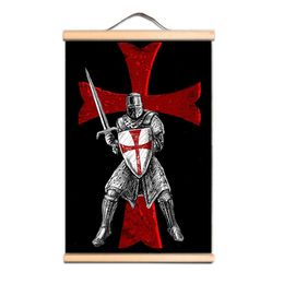 Vintage Mediaeval Crusader Warrior Solid Wall Hanging Banner - Wood Scroll Painting Wall Art Decoration Wallpaper - Knights Templar Poster Wall Chart CD34